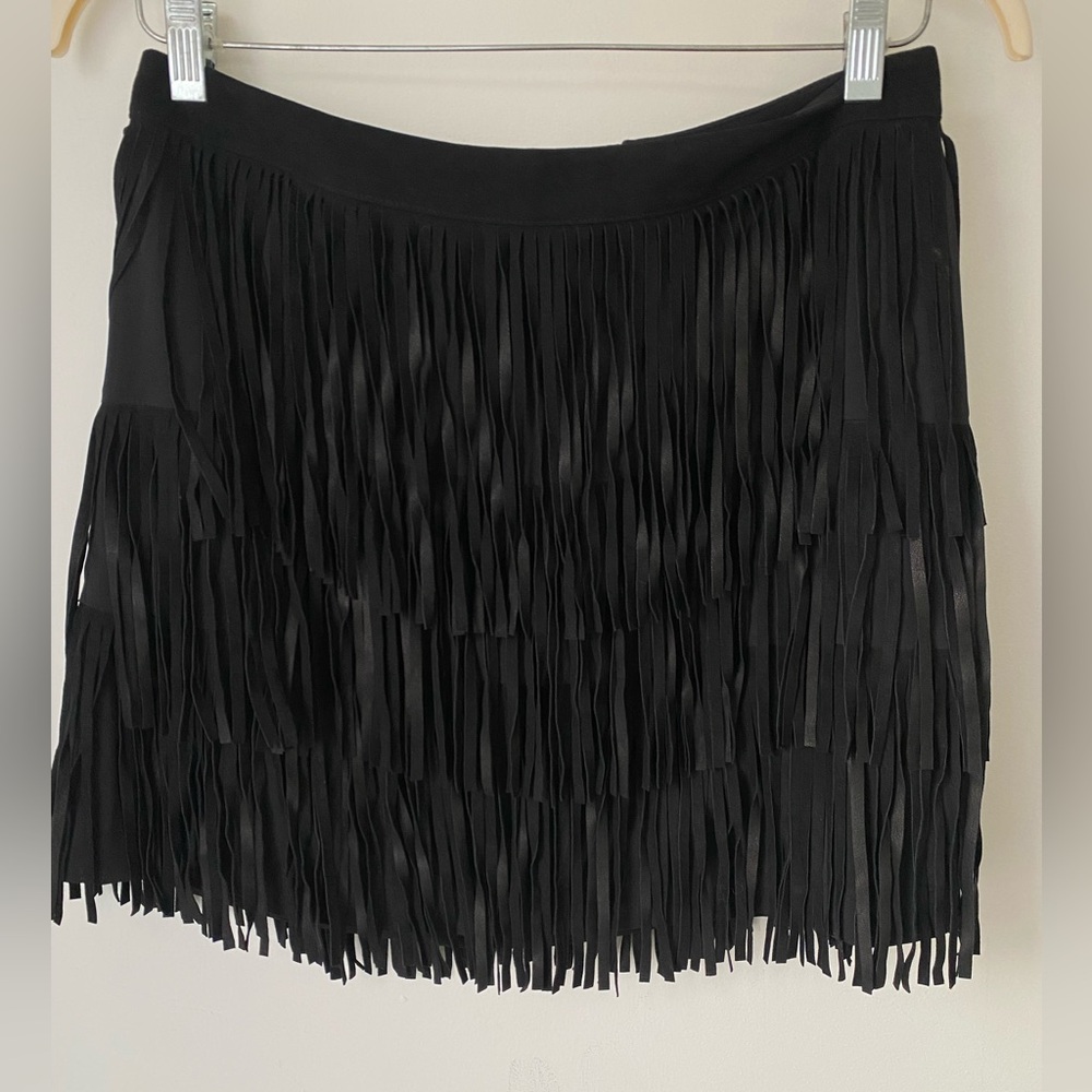 Alice + Olivia Skirt Women’s 12 Suede Lavana Skirt Fringe Black Goat Leather